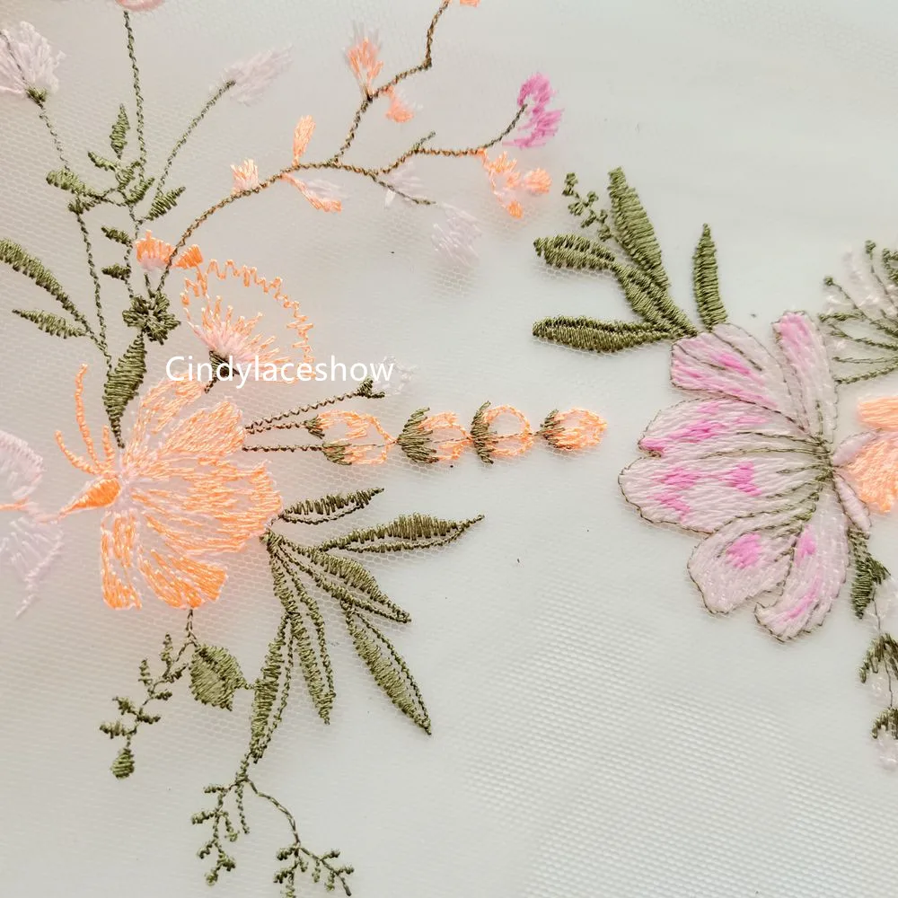 1Meter 20CM Wide Soft Orange Floral Mesh Embroidered Lace Trimmings for Wedding Bridal Dress Bra Lingerie Home Textiles Handmade