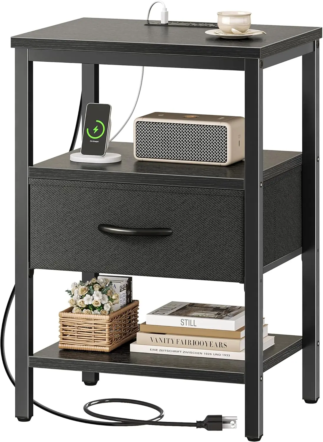 

Nightstand with Charging Station, Bed Side Table with Adjustable Fabric Drawer, Night Stand for Bedroom, 3-Tier Storage End