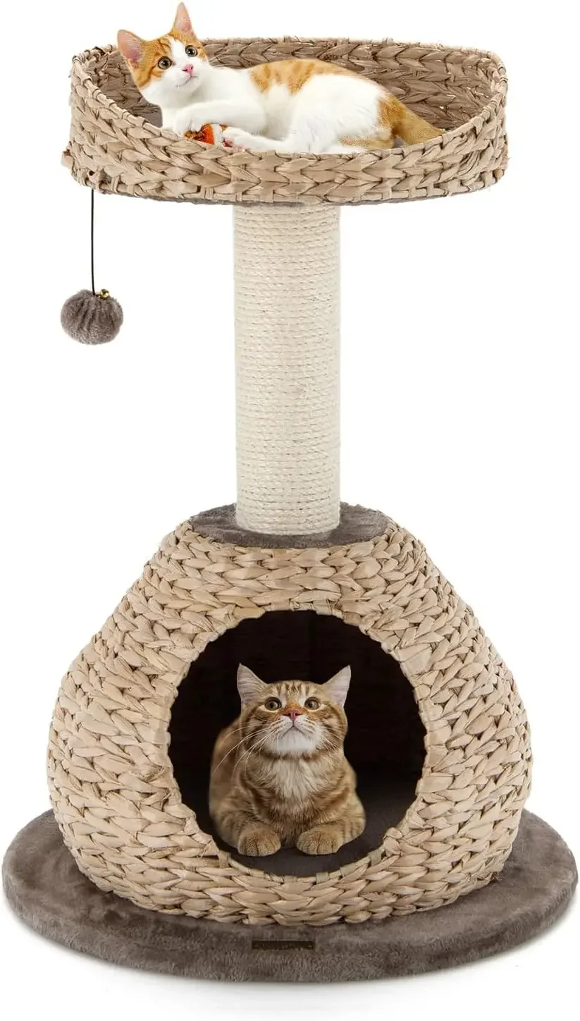 Modern Cat Tree Tower, Paper RopeNatural Bowl Shaped with Perch, Scratching Post, Rattan Cat Activity Tree for Kittens, 28