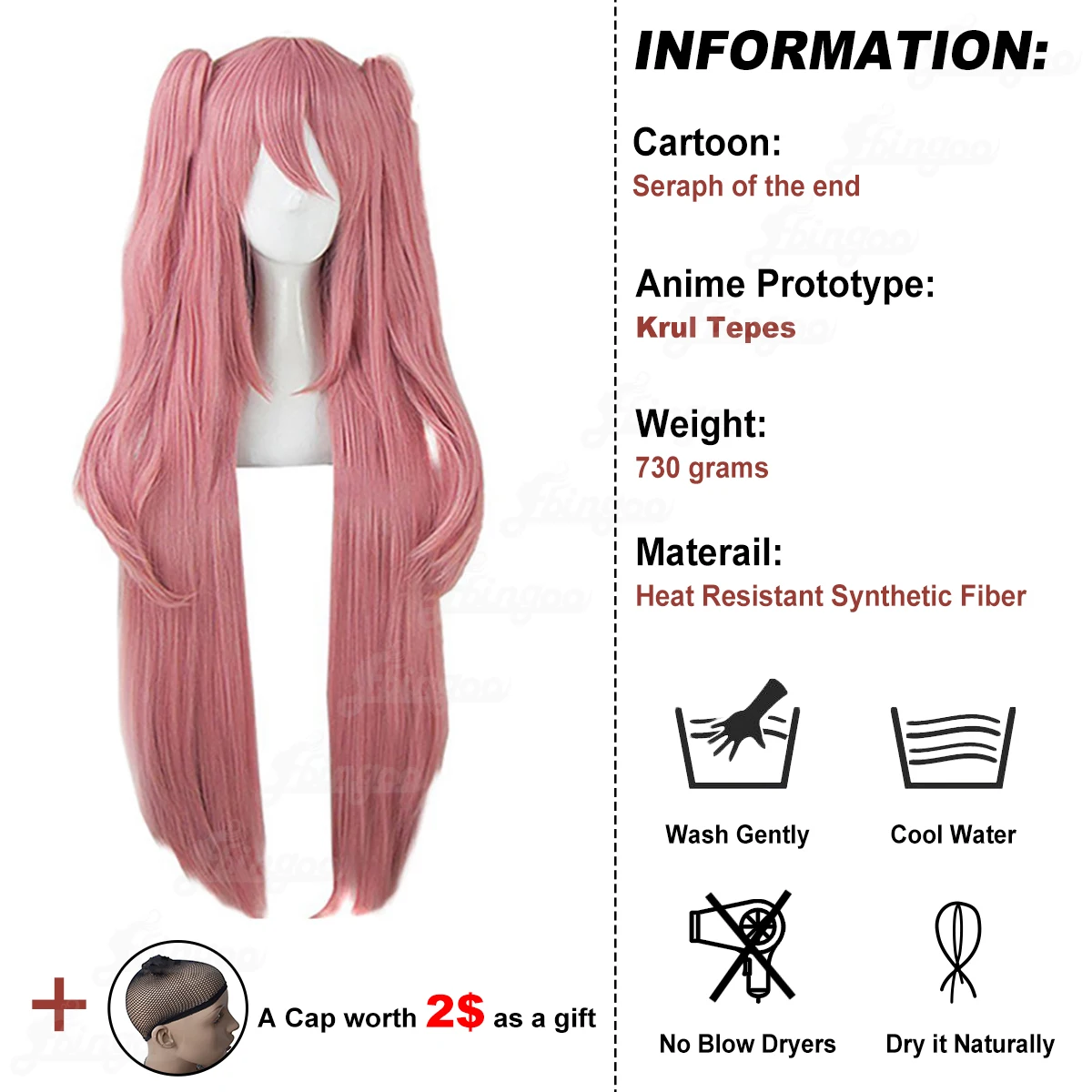 Parrucca sintetica Ebingoo Seraph of the end Krul Tepes parrucche Cosplay doppia coda di cavallo parrucca diritta rosa lunga naturale per festa in