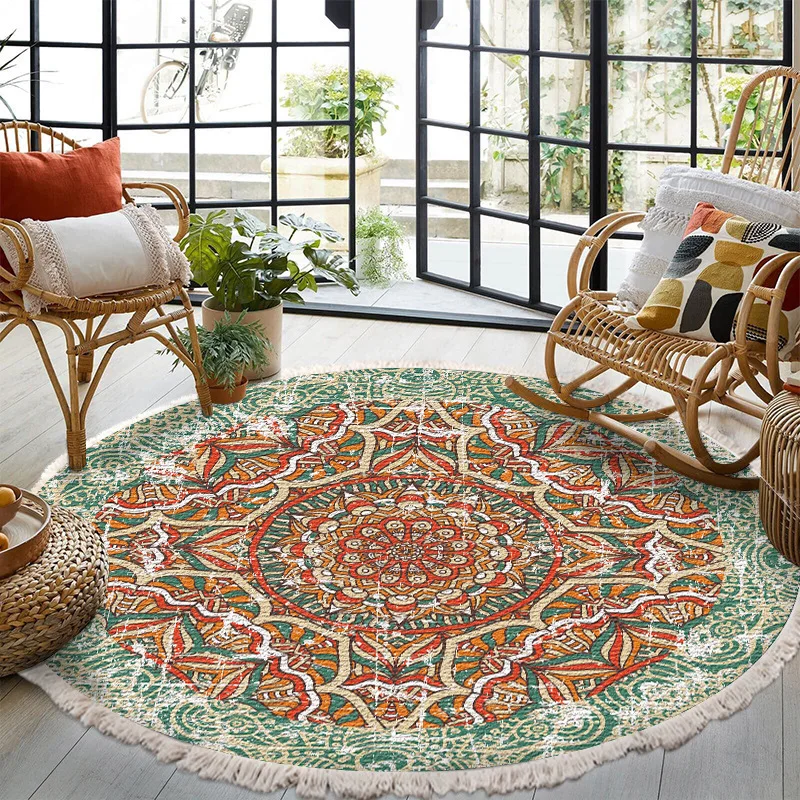 Vintage Round Carpet for Living Room Hand Woven Bedroom Rugs Cotton Linen Tassel Anti Slip Prayer Floor Mat Boho Mandala Carpet