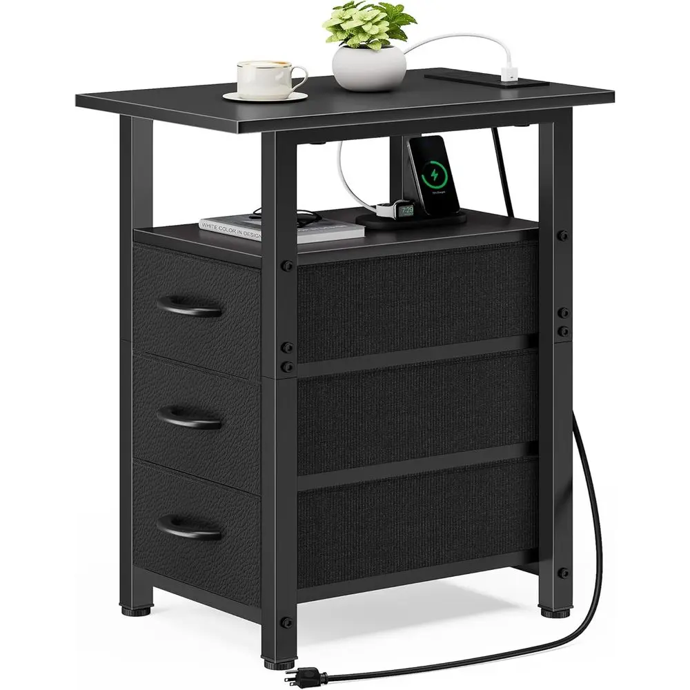

Set of 2 Black Charging Station End Tables, Slim Side Table for Small Spaces, 3 Drawer Narrow Nightstand, Ideal for Bedroom
