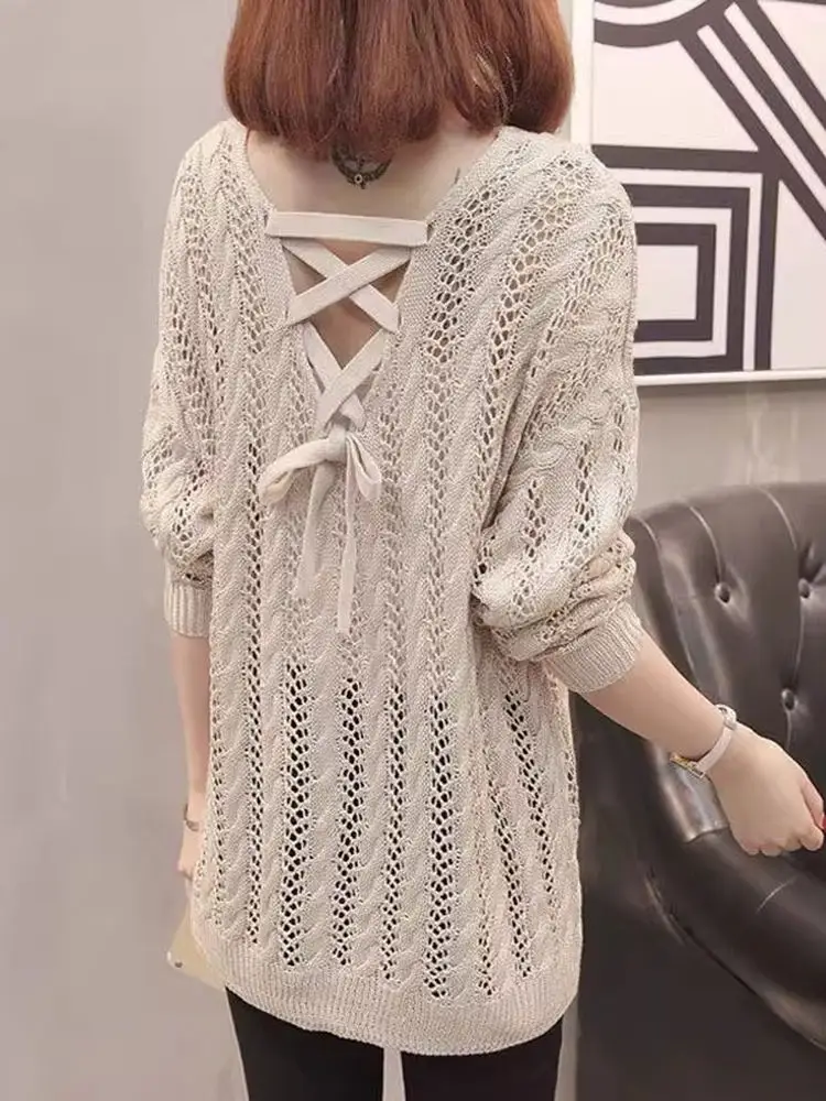 

Весенне-осенний женский свободный длинный вязаный топ све, тонкий трикотаж, повседневный удобный свитшот с v-образным вырезом на молнии