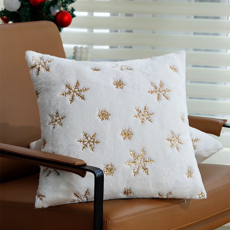 

Plush Cushion Cover White Gold 45x45cm Christmas Home Decorative Pillow Cover Christmas Supplies for Living Room Snowflake