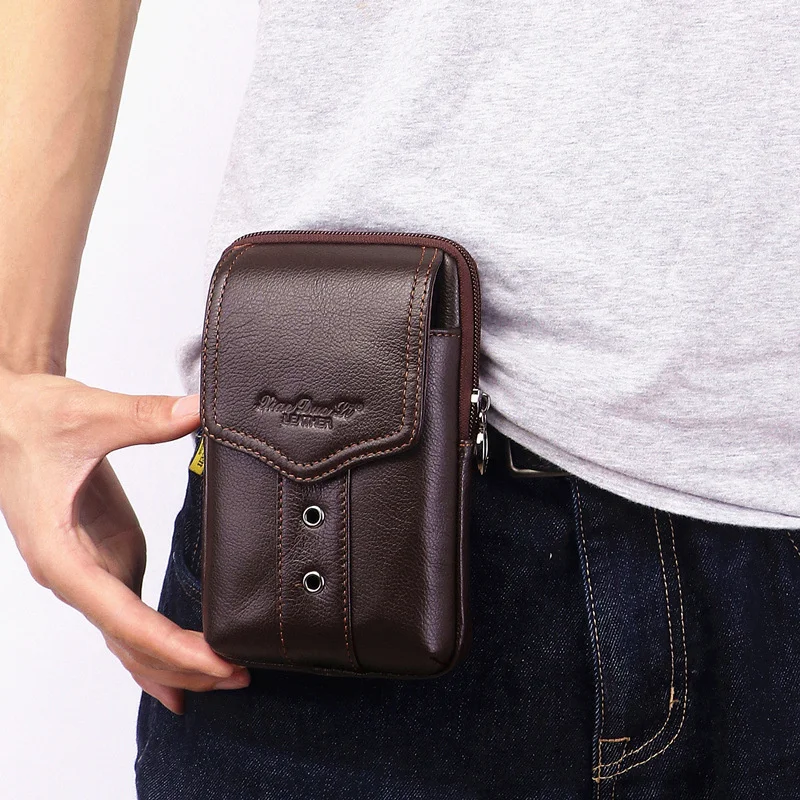 

Men's Leather Waist Bag 5.5/6-inch Mobile Phone Bag Wearing Belt Mobile Phone Waist Bag Cow Leather Mini Waist Bag