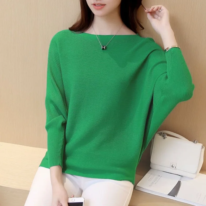 Women\'s Solid Color Pullover One Line Neck Sweater 2023 Autumn and Winter Korean Bat Sleeve Knitted Fashion Office Lady Tops