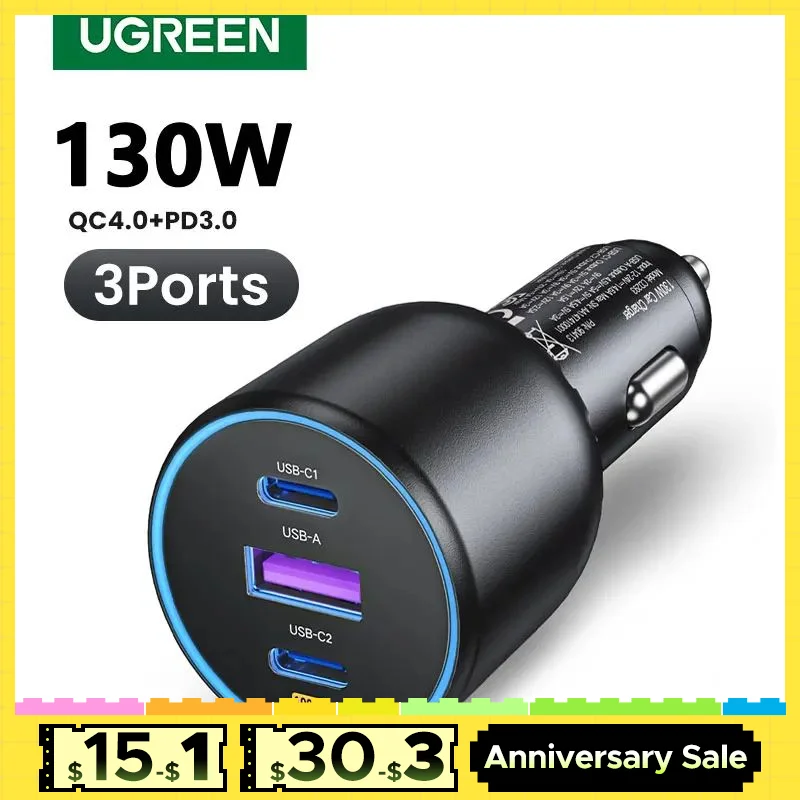 UGREEN 130W USB C Car Charger For Xiaomi iPhone 15 Samsung Galaxy S24 Laptops Tabet PD3.0 Fast Charging USB Type C Car Charger