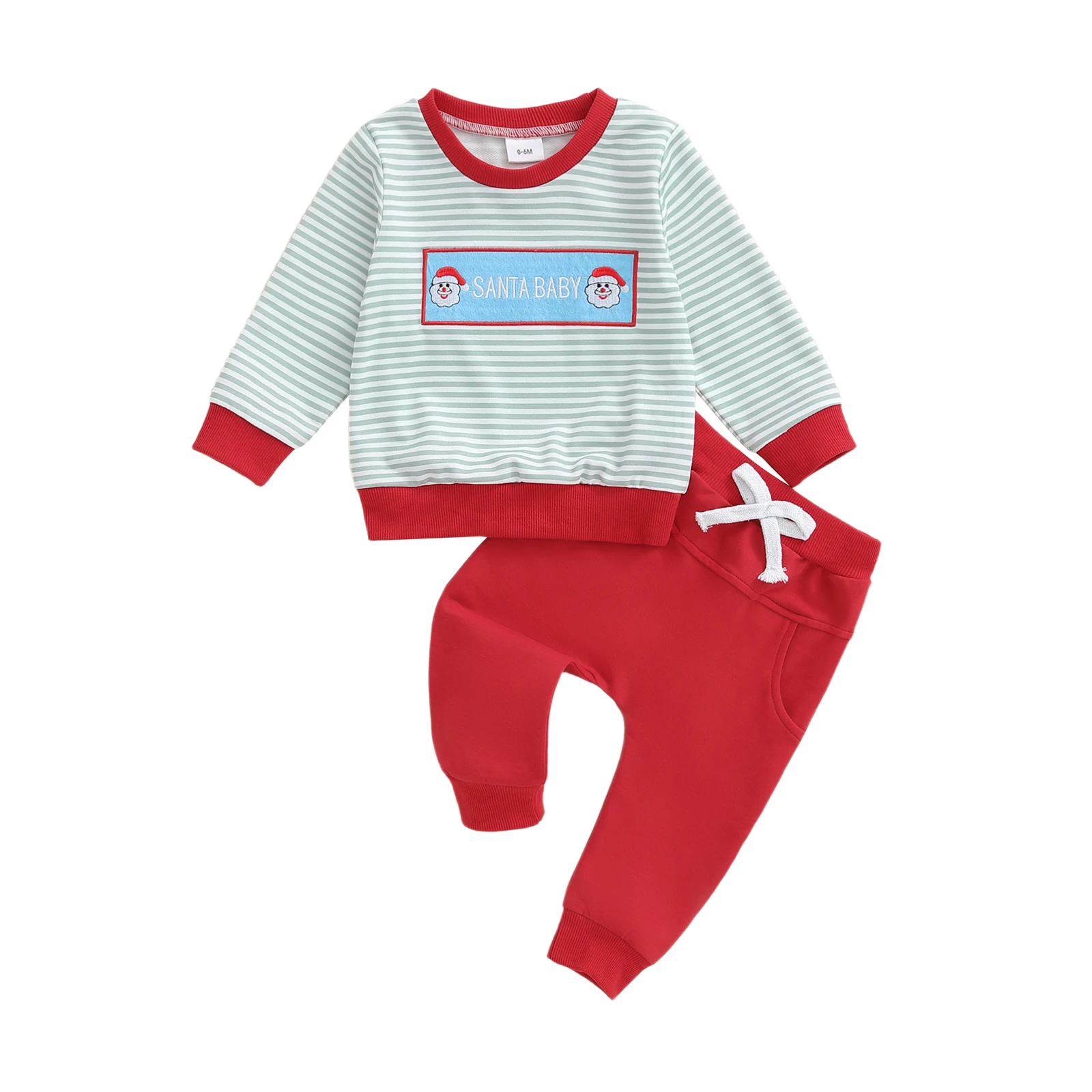 

Baby Boys Pants Set, Long Sleeve Crew Neck Striped Embroidery Letters Santa Claus Sweatshirt with Sweatpants Christmas Clothes