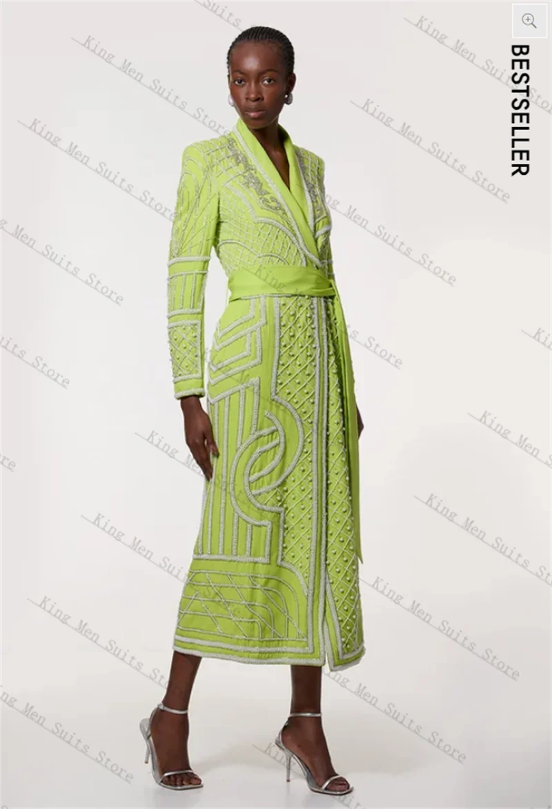 

Luxury Crystals Beaded Women Suit 1 Pcs Long Blazer Cotton Prom Dress Belted Customized Formal Guest Wedding Tuxedos Party Coat