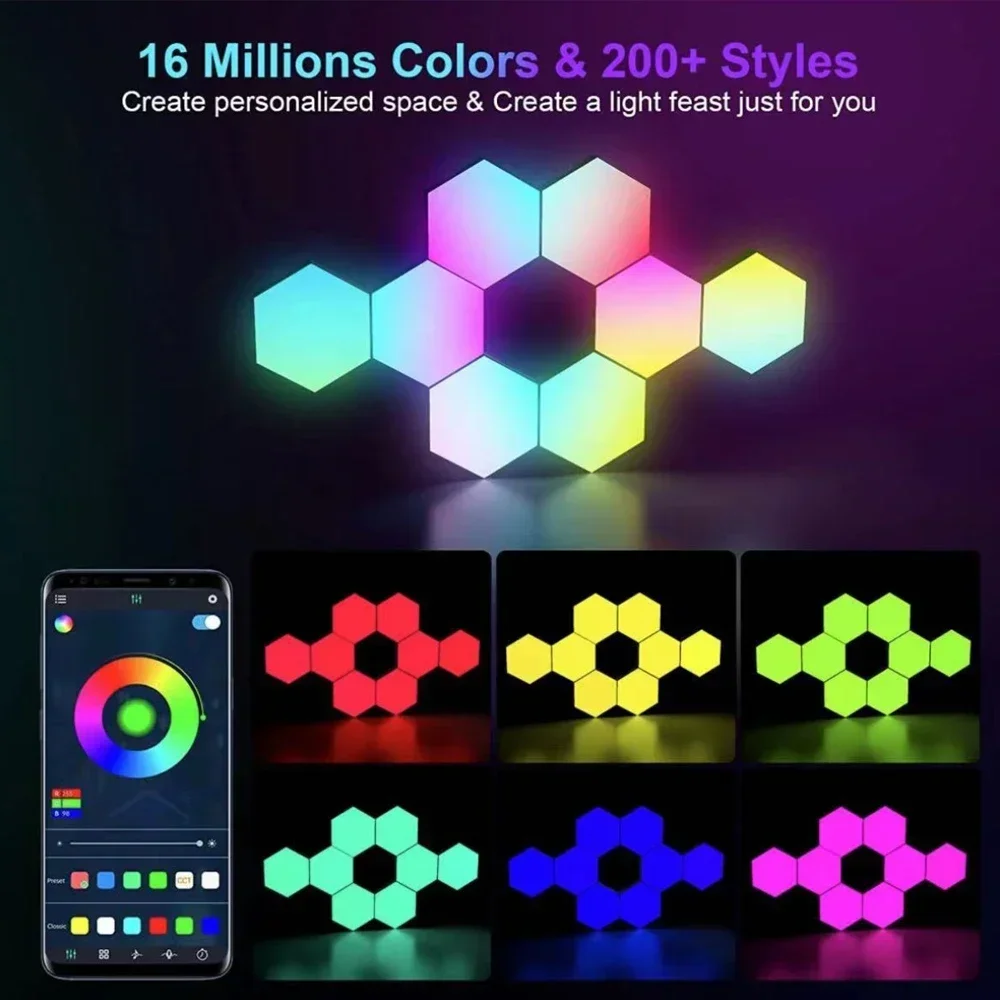 Inteligente RGB LED Hexagon Lâmpada de Parede, Música Sync Luzes Ambiente, Quarto Gamer, Decoração do feriado, Wi-Fi, Bluetooth, Happy Birthday