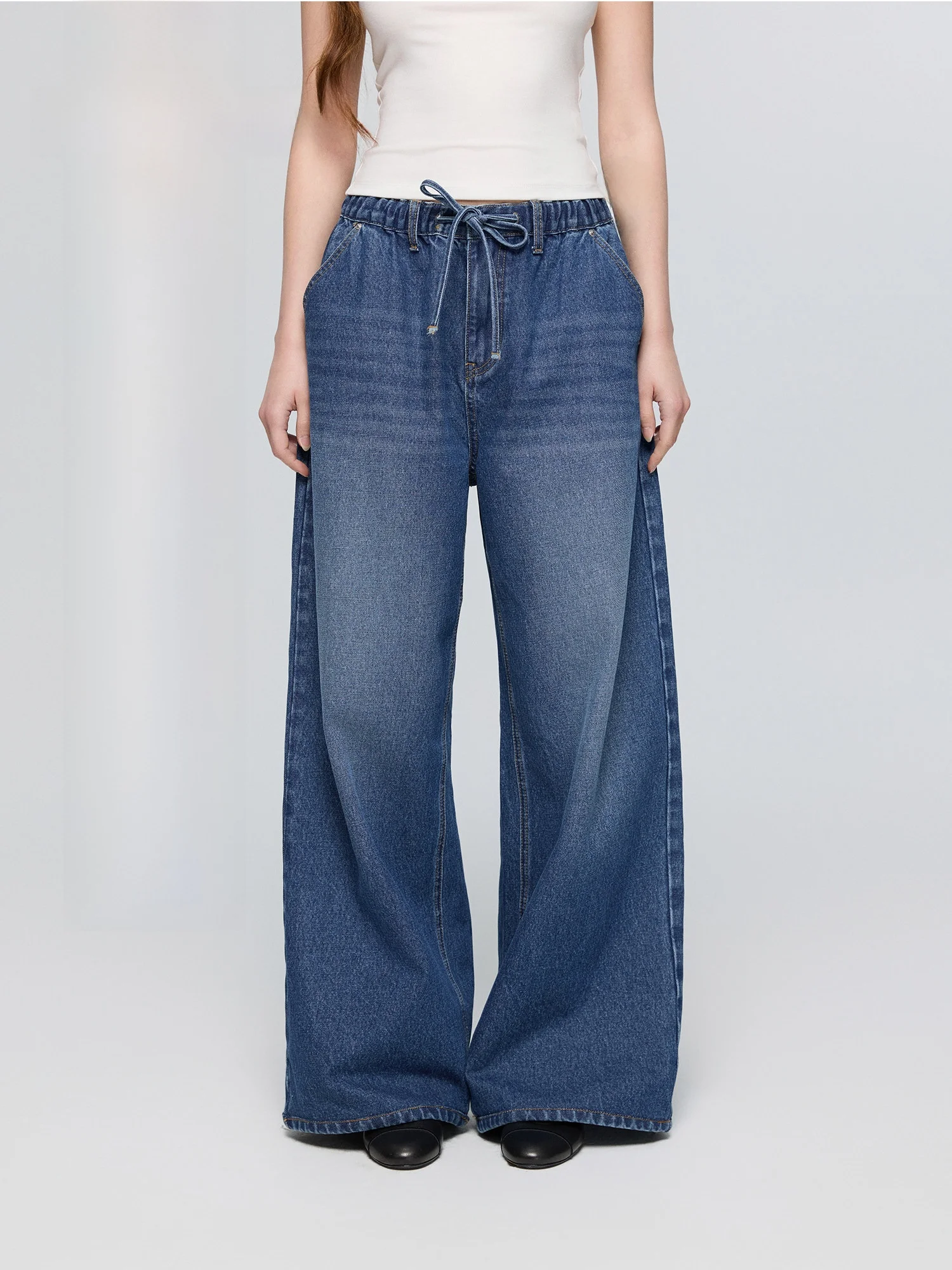 

Джинсы Waed Denim с широкими штанинами, женские летние повседневные свободные брюки прямого кроя с эластичным поясом на шнурке, универсальные джинсы