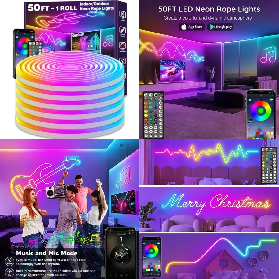 Neon Rope Lights, Flexible Led Rope Lights Control with App/Remote, Multiple Modes Rope Lights, IP65 Outdoor RGB Led Neon Light