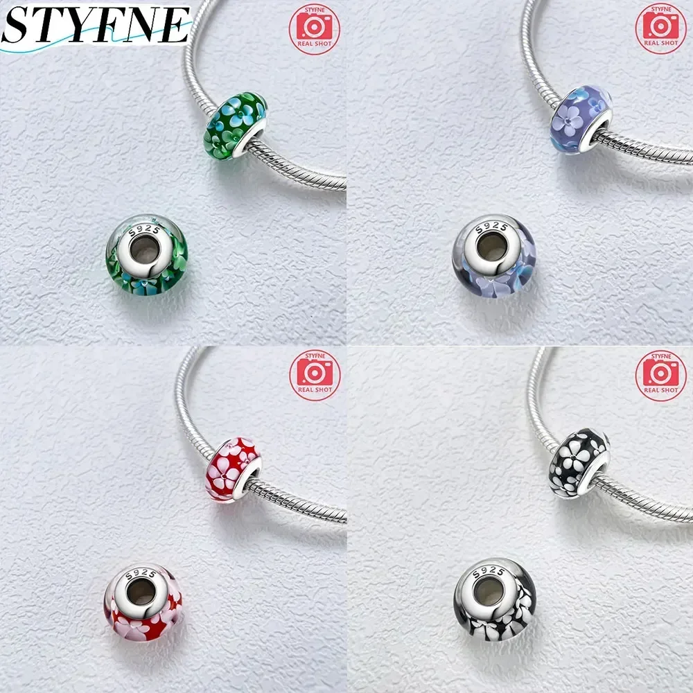 New Sterling Silver 925 Shiny Glowing Cute Pink Flowers Murano Original Glass Bead Original Bracelet DIY Fashion Women\'s Jewelry