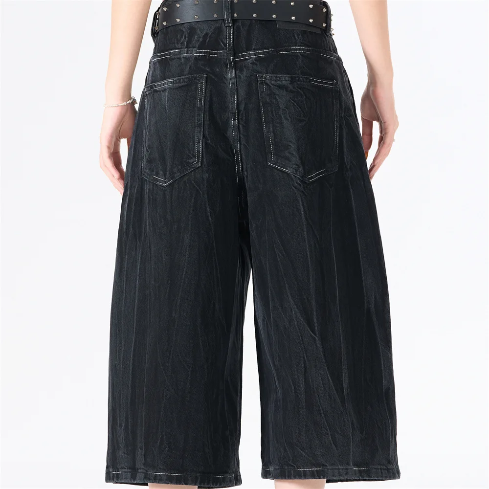 MWJLPWQ Distressed Pleated Denim Cropped Pants Men's Trendy Punk Summer Straight Loose Wide-Leg Shorts Hip-Hop Streetwear 17418