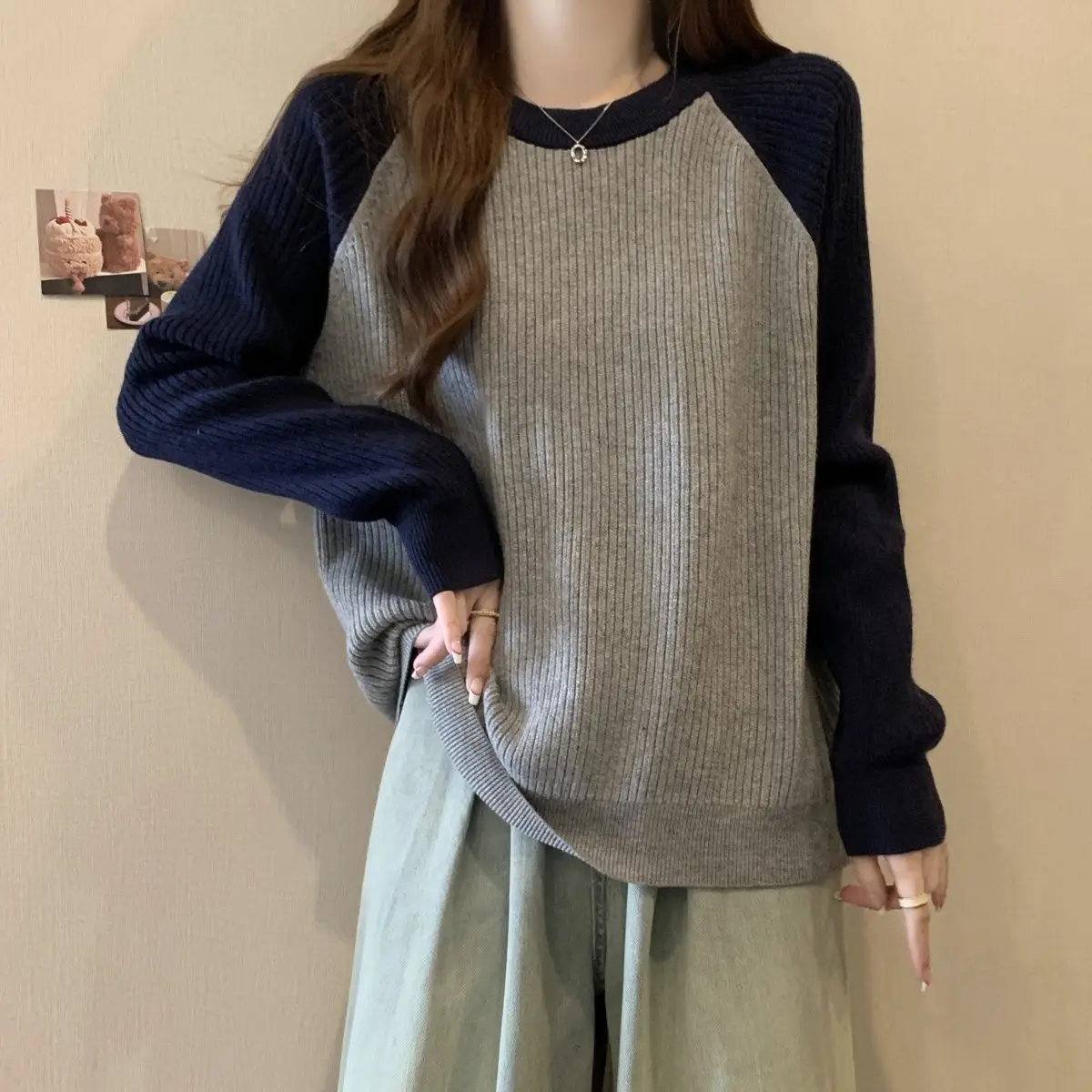 Large size women's clothing autumn and winter new loose splicing contrasting color Maillard pit strip long-sleeved t-shirt