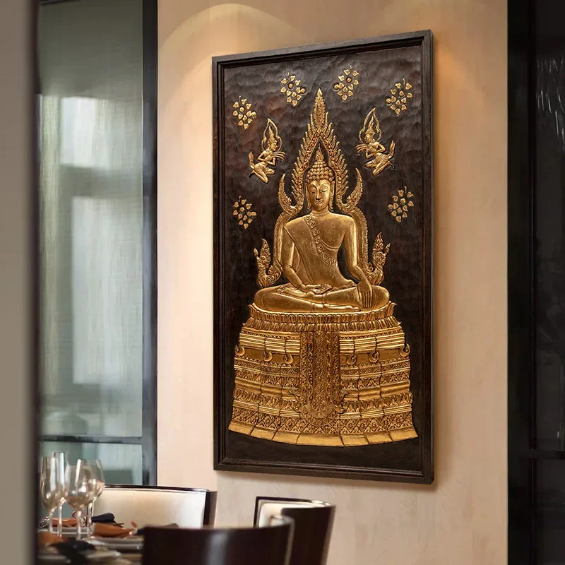 Wall Pendant Entrance Wall Hanging Wood Carving Large Buddha Statue Wood Carving Decorative Painting