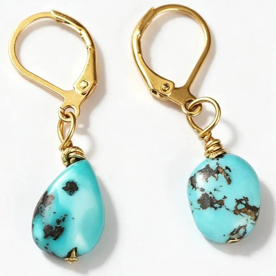 Gold Leverback Hoop Teardrop Turquoise Dangle Drop Earrings For Women Handmade Wire Wrapped Natural Stone Boho