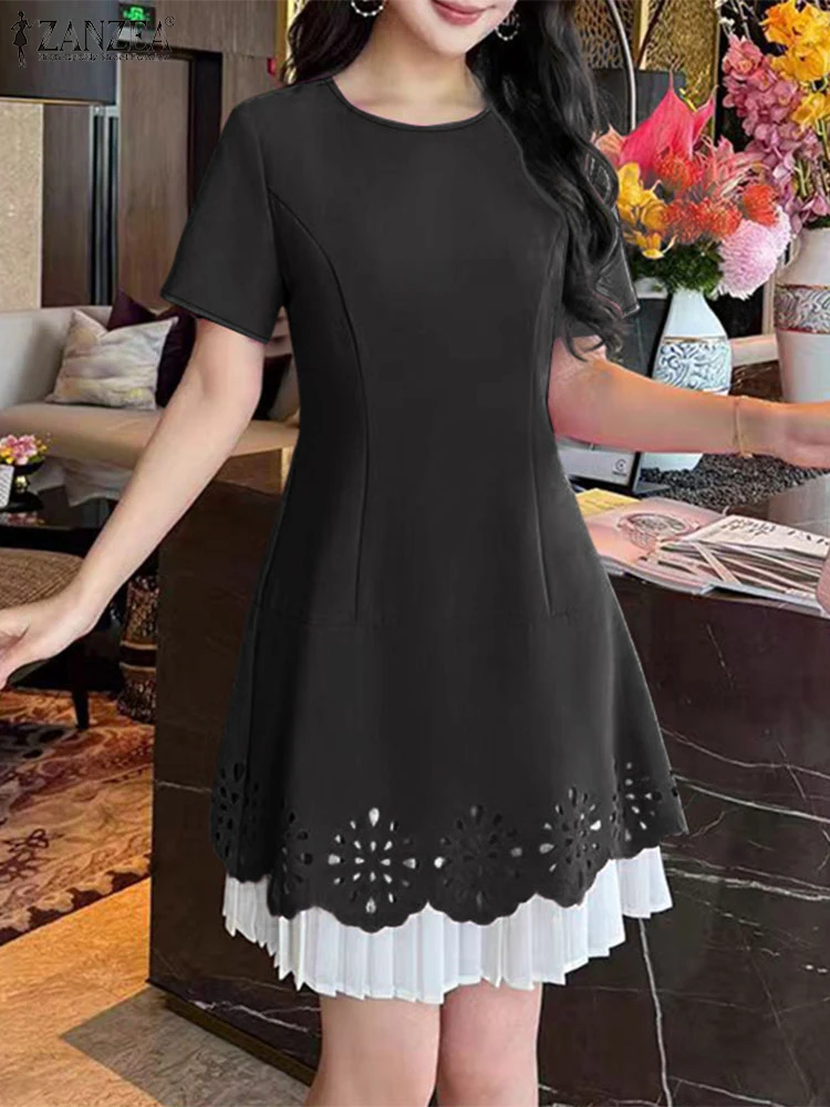 잔제 여성 우아한 드레스 패치워크 미니 선드레스 2025 여름 캐주얼 반팔 레이스 속이 비치는 캐주얼 파티 베스티도스 로브