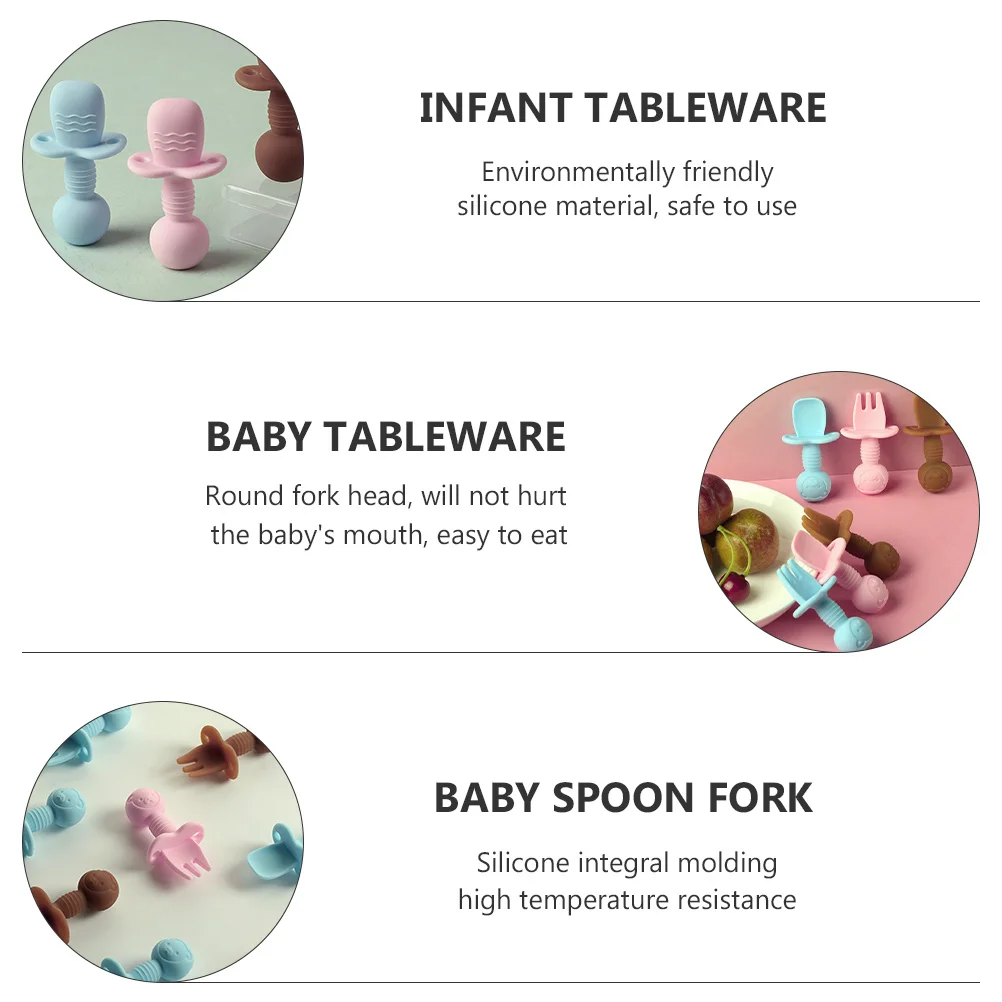 

2Pcs Baby Training Cutlery Set Silicone Spoon Fork Toddler Tableware Durable Safe Round Fork Head Gum Massage Easy to Hold