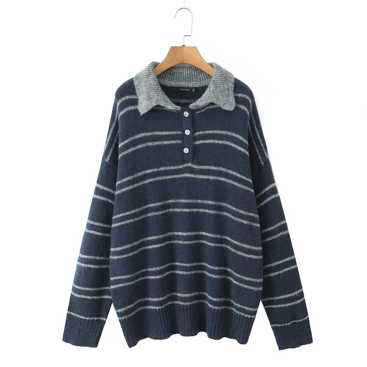 

Vintage Striped Polo Collar Knitted Sweater Women Autumn 2025 New Loose Soft Knitwear Sweater Pullovers