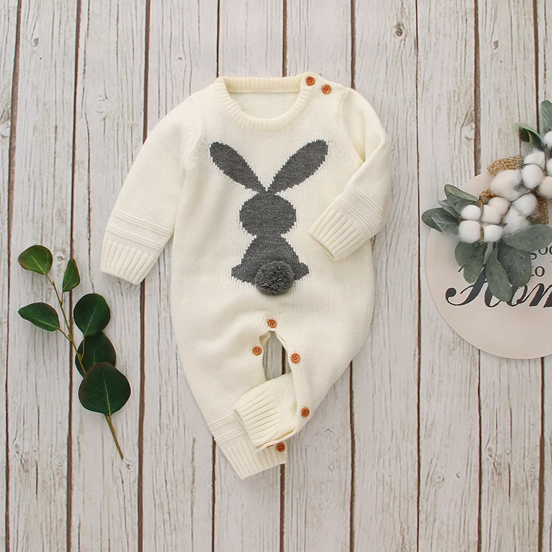 Newborn Baby Romper Knitted Long Sleeve Autumn Infant Kid Jumpsuit Outfit Cute 3D Rabbit Toddler Girl Boy Clothing Warm Playsuit