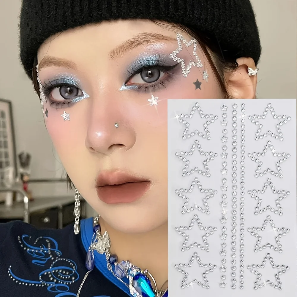 1/2 Sheets Star Rhinestone Stickers Self-Adhesive Glitter Bling Pentagram Star Gems Sticker for Face Hair Makeup Body Crafts