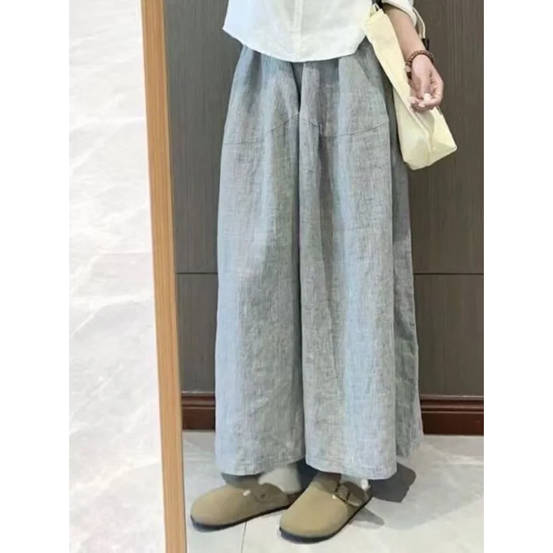 Women's Linen Wide Leg Pants Elastic Waist Loose Casual Balloon Trousers Summer