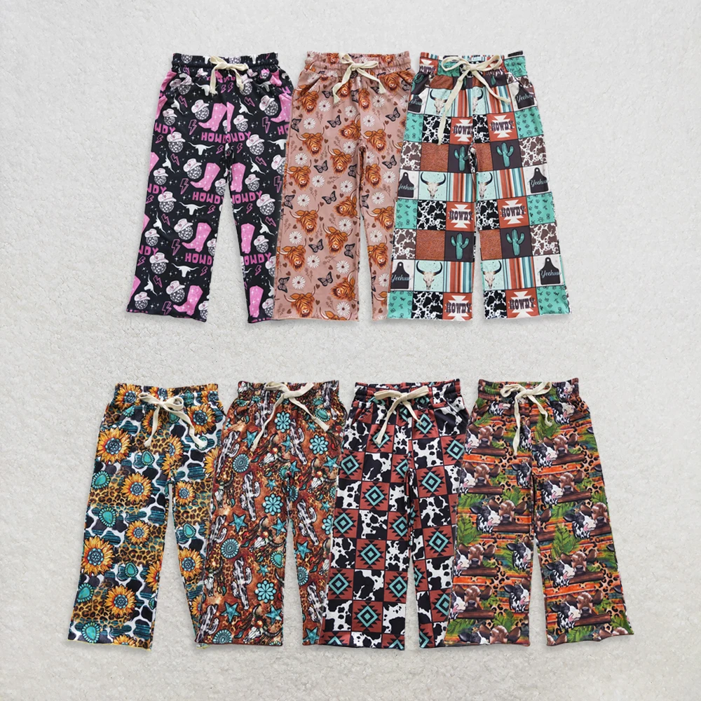 

Sibling Baby Girls Western Themed Elastic Bottom Pants with Howdy Cactus Print Highland Cow Butterflower Design