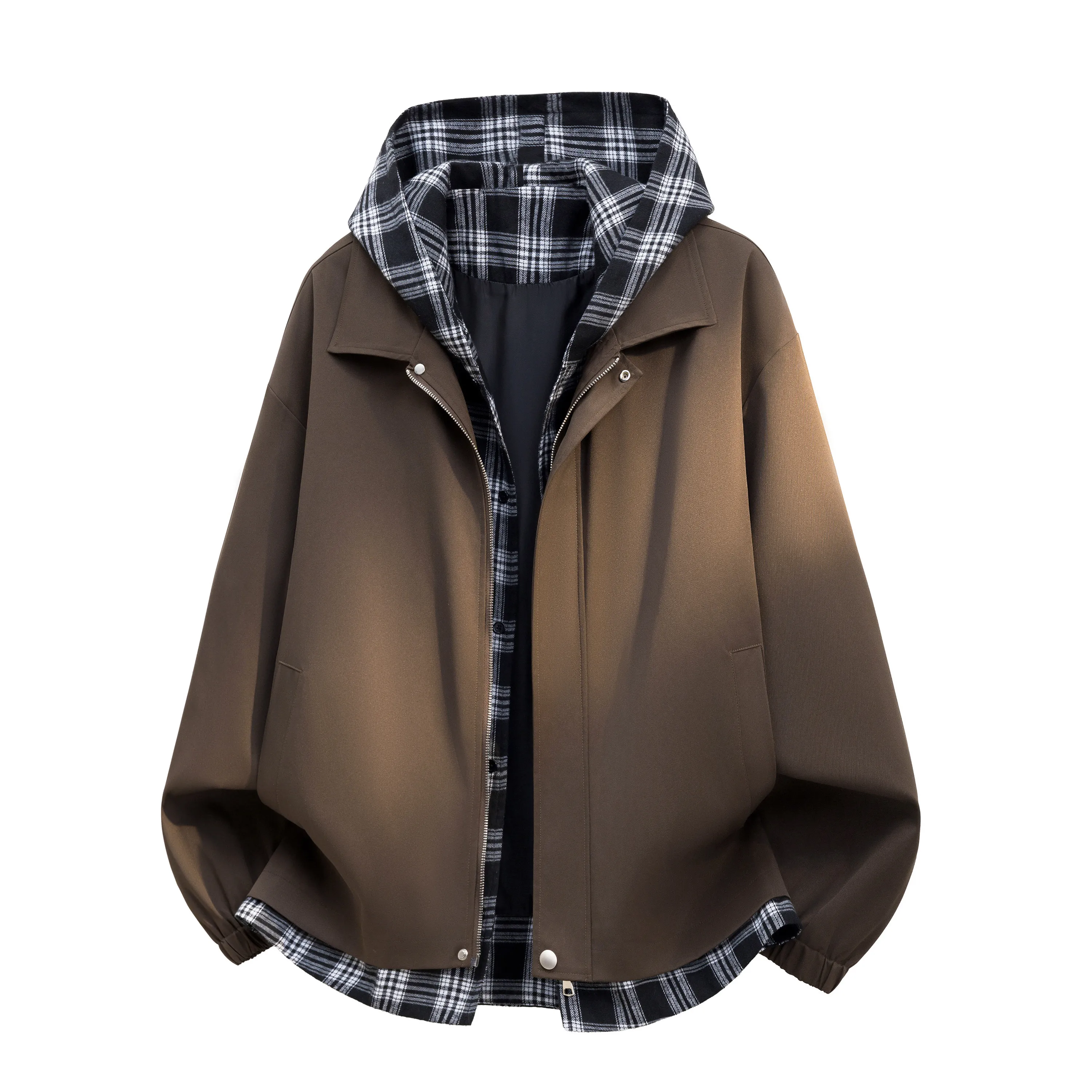 SuperAen Zipper Contrast Color Oversize Jacket for Women 2026 Spring New Plaid Patchwork Hooded Pocket Fashion Coats