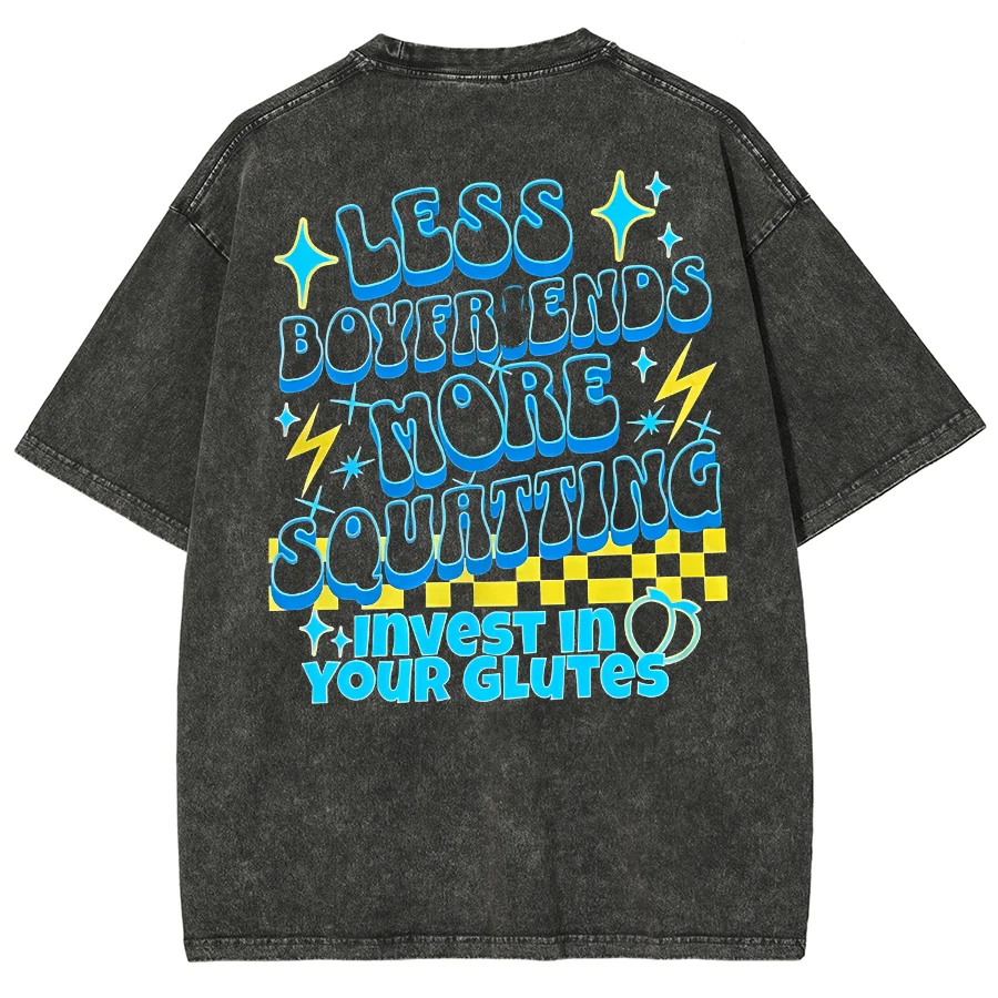 Color Three-Dimensional Letter Print T-Shirt High Gram Weight Washed Denim Neutral Style Round Neck Shoulder Short Sleeve