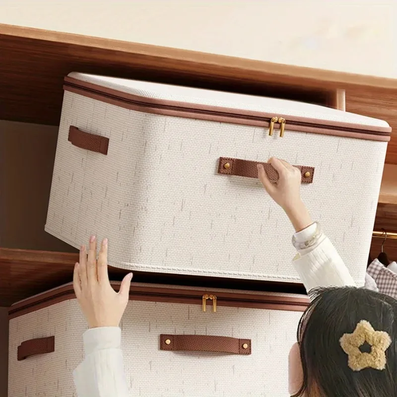 1pc Storage Boxes with Zipper, Linen Fabric Organizer Bins, Foldable Closet Organizers for Home, Stackable Design