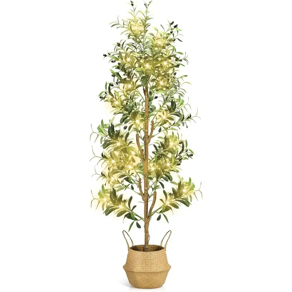 

Искусственное оливковое дерево высотой 6 футов для помещений с кашпо, корзиной и подсветкой - реалистичные плоды для декора дома и гостиной