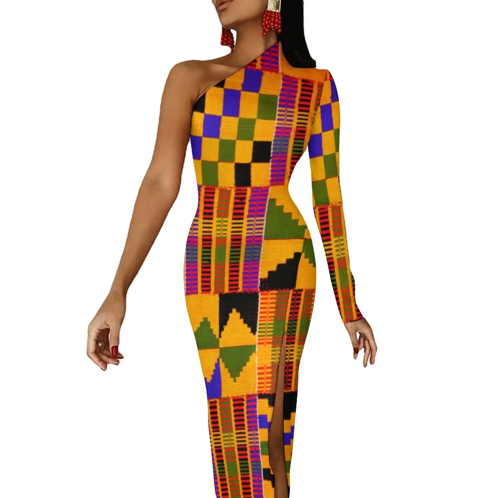 Kente Tribal African Maxi Dress Long Sleeve Retro Print Street Wear Bodycon Dresses Autumn Retro Dress Womens Pattern Vestidos