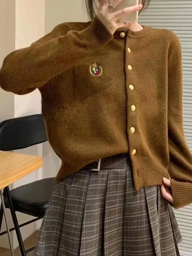 

American College Sle Women's Open Cardigan Camere Knitted Sweater round Ne Embroidered Loose Fit Autumn Winter Top