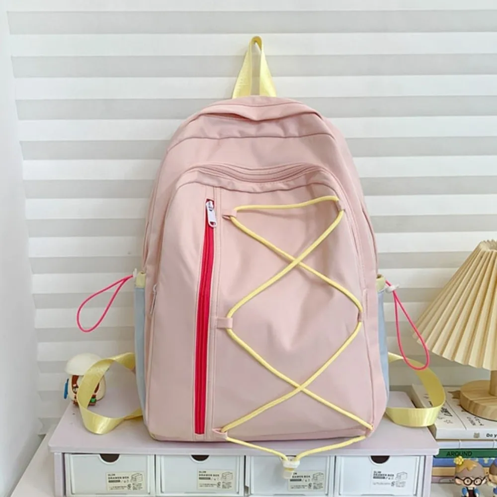 Multi-pockets Drawstring Backpack Solid Color Large Capacity Student School Bag Cloth Dopamine Travel Rucksack