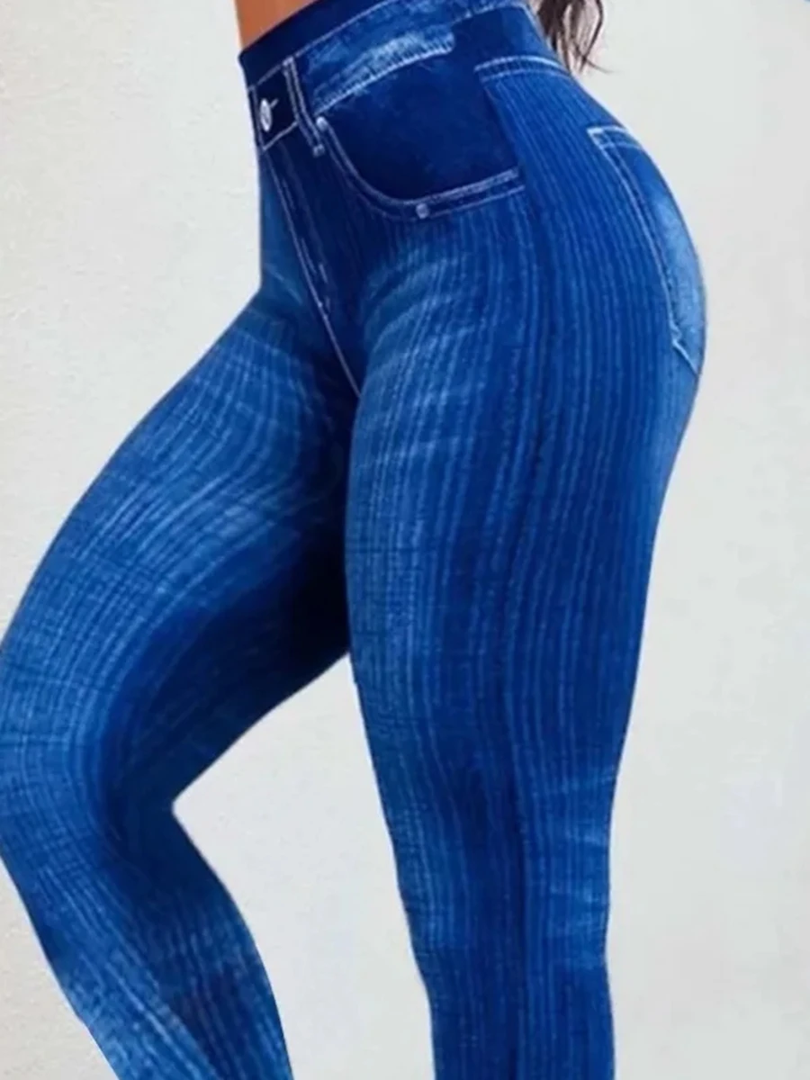 Modne damskie Plus Size sportowe legginsy z nadrukiem dżinsowym na wysoki wzrost lekkim legginsy Capri