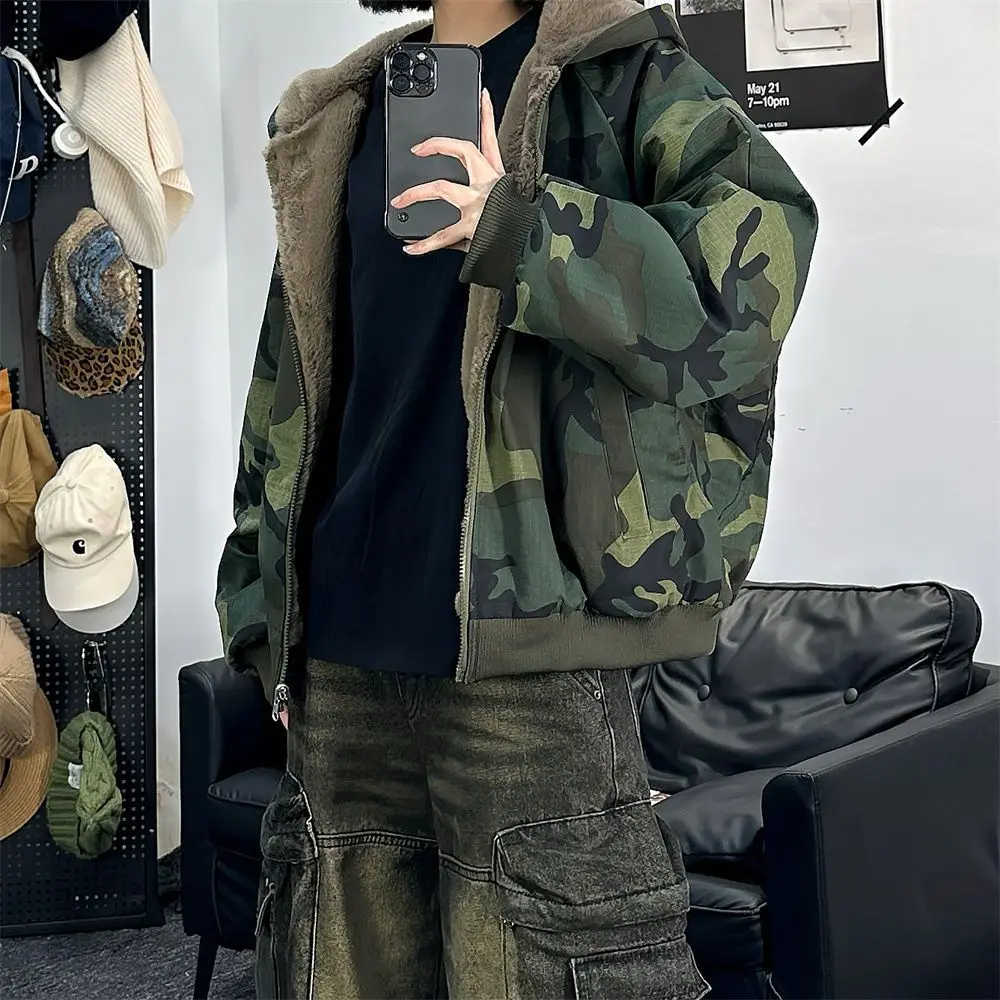 

Women's Plush Hat Collar Jacket Autumn Winter Warmth Outerwear Unisex Style Top Female Long Sleeved Coat Oversize Clothes
