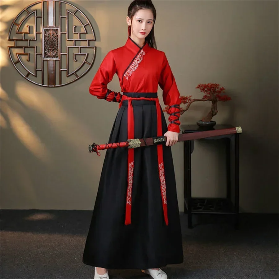 

Vestido chino antiguo Kimono Hanfu, vestidos negros, blancos y rojos, bordado de artes marciales, disfraces de Cosplay de baile