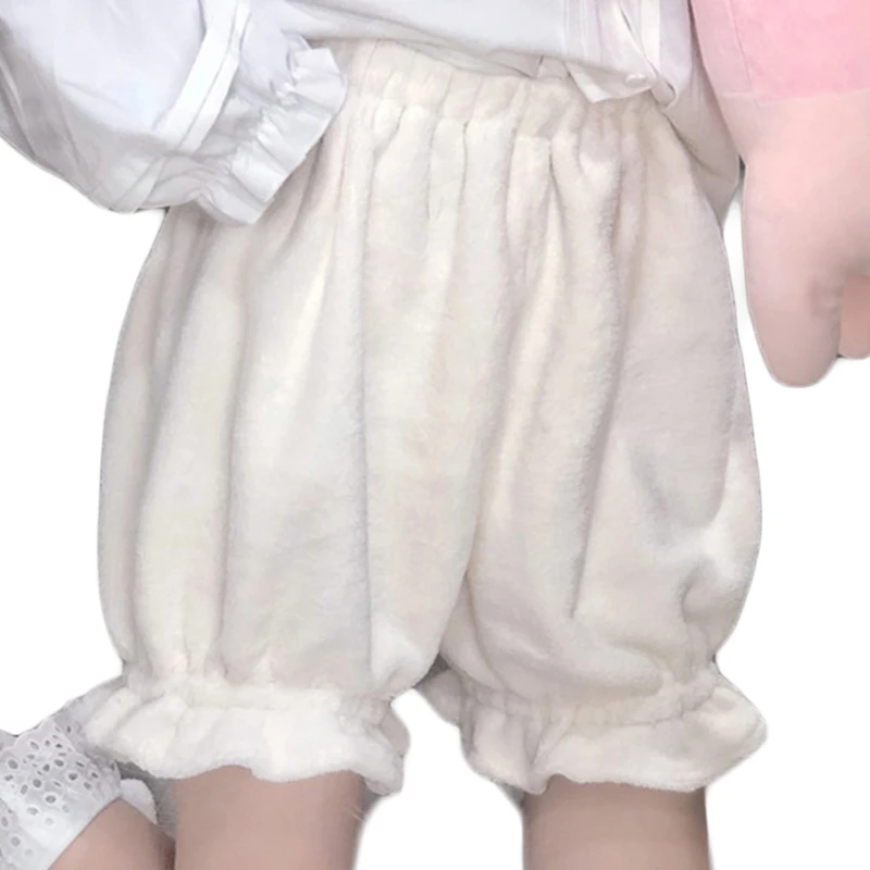 Women Plush Velvet Lolita Bloomers Ruffle Bow Loose Pumpkin Pants Thermal Shorts