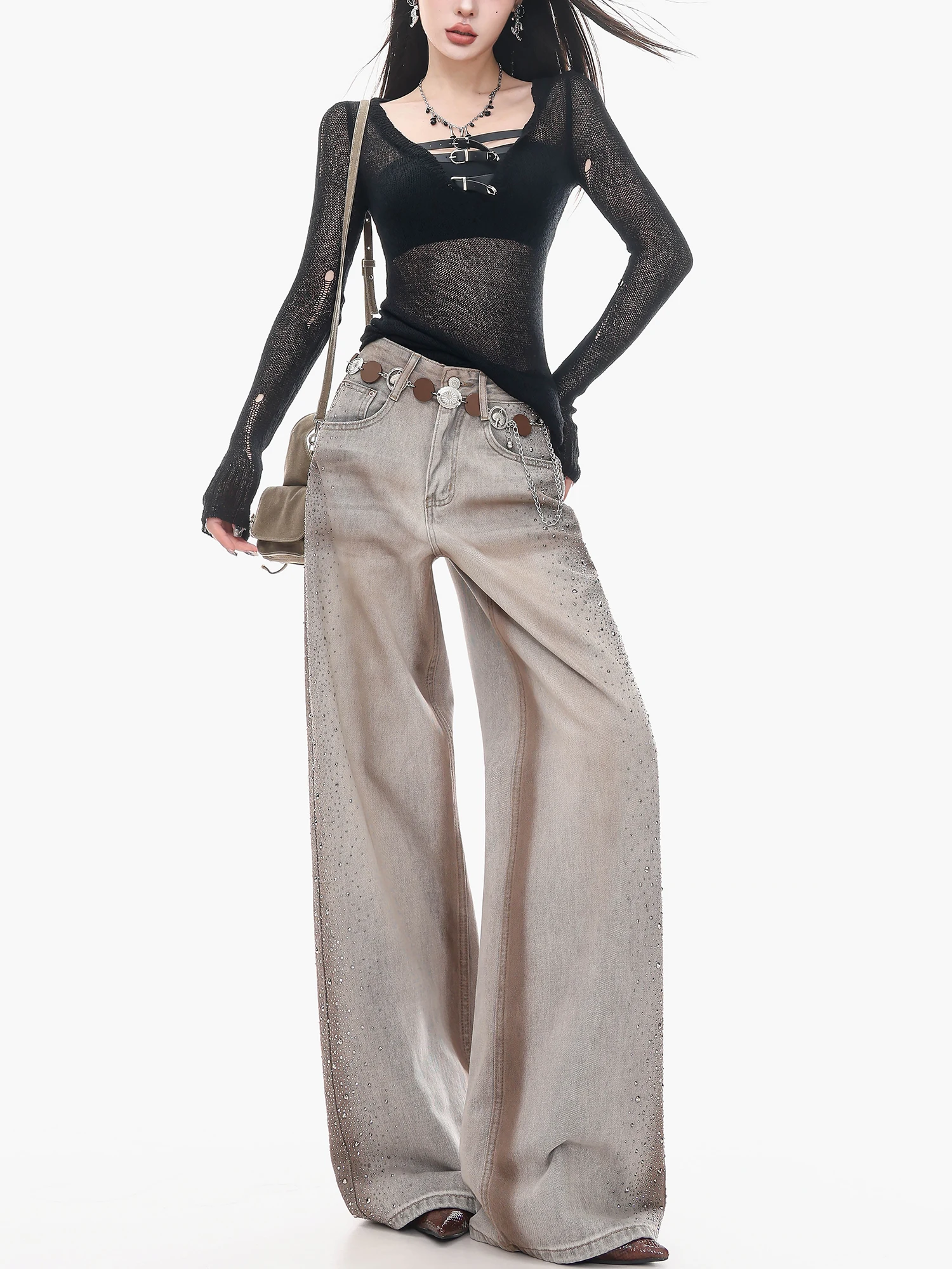 

ABWLR American Sle adient Rhinestone Wide Leg Jeans Women's Loose Slim Straight Pants Spring Early Denim Pants