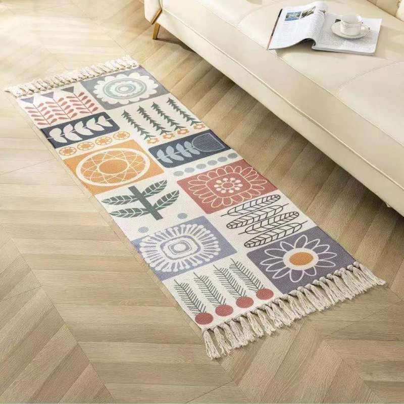 

Ethnic Style Cotton Linen Soft Carpet Handmade Tassel Carpet Living Room Bedside Floor Mat Home Bohemian Decoration
