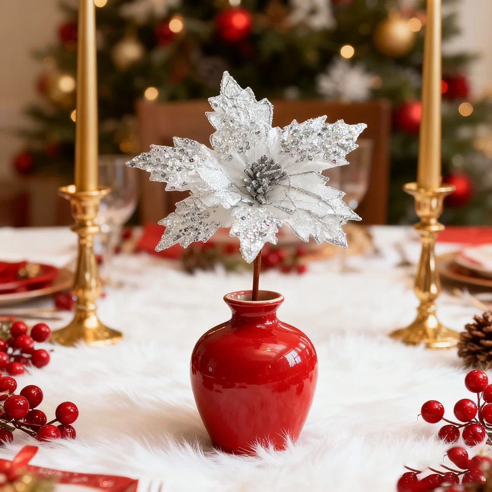 2 Stück künstliche Weihnachtsblumen, glitzernde und mit Pailletten verzierte Weihnachtssterne aus Stoff, künstliche Weihnachtsblumen zum Selbermachen – Detail 7