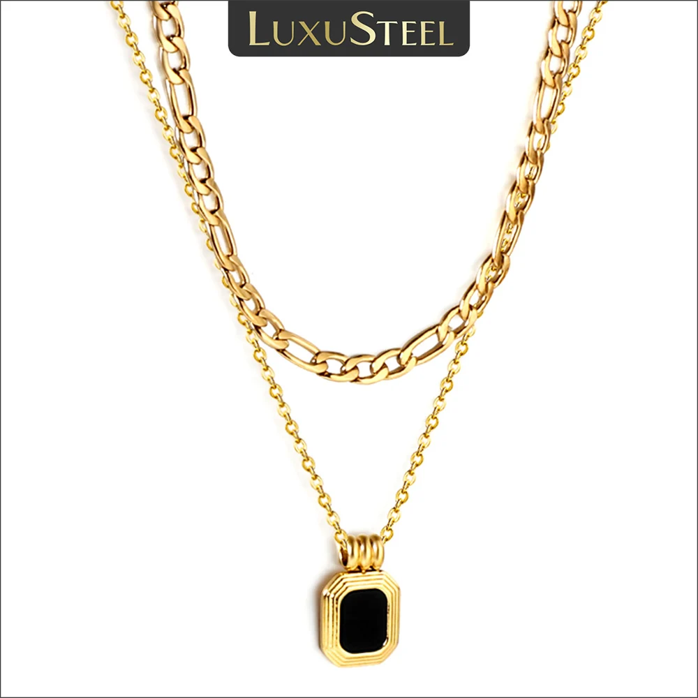 LUXUSTEEL Koreanische Schwarz Quadrat Anhänger Doppel Schicht Halskette Für Frauen Vergoldet Edelstahl Figaro Link Kette Choker Geschenke