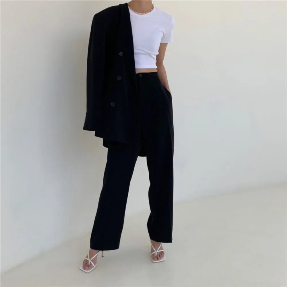 Double Breasted Long Sleeve Loose Blazers Women Comfortable Commuting Office Lady Adroit Notched Simple Korean Style Spring Chic