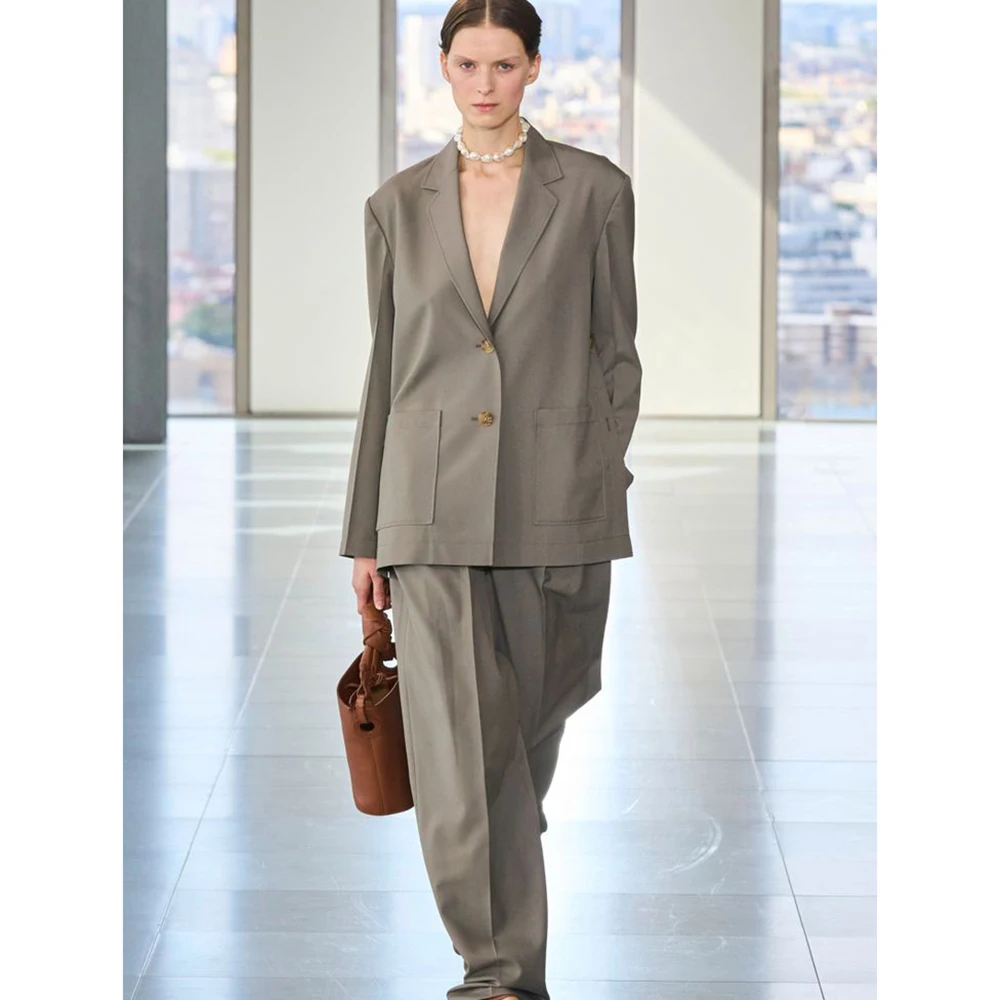 

Шикарный минималистичный женский серый костюм большого размера, комплект из 2 предметов, куртка и брюки, элегантная офисная одежда, свободная официальная рабочая женская одежда