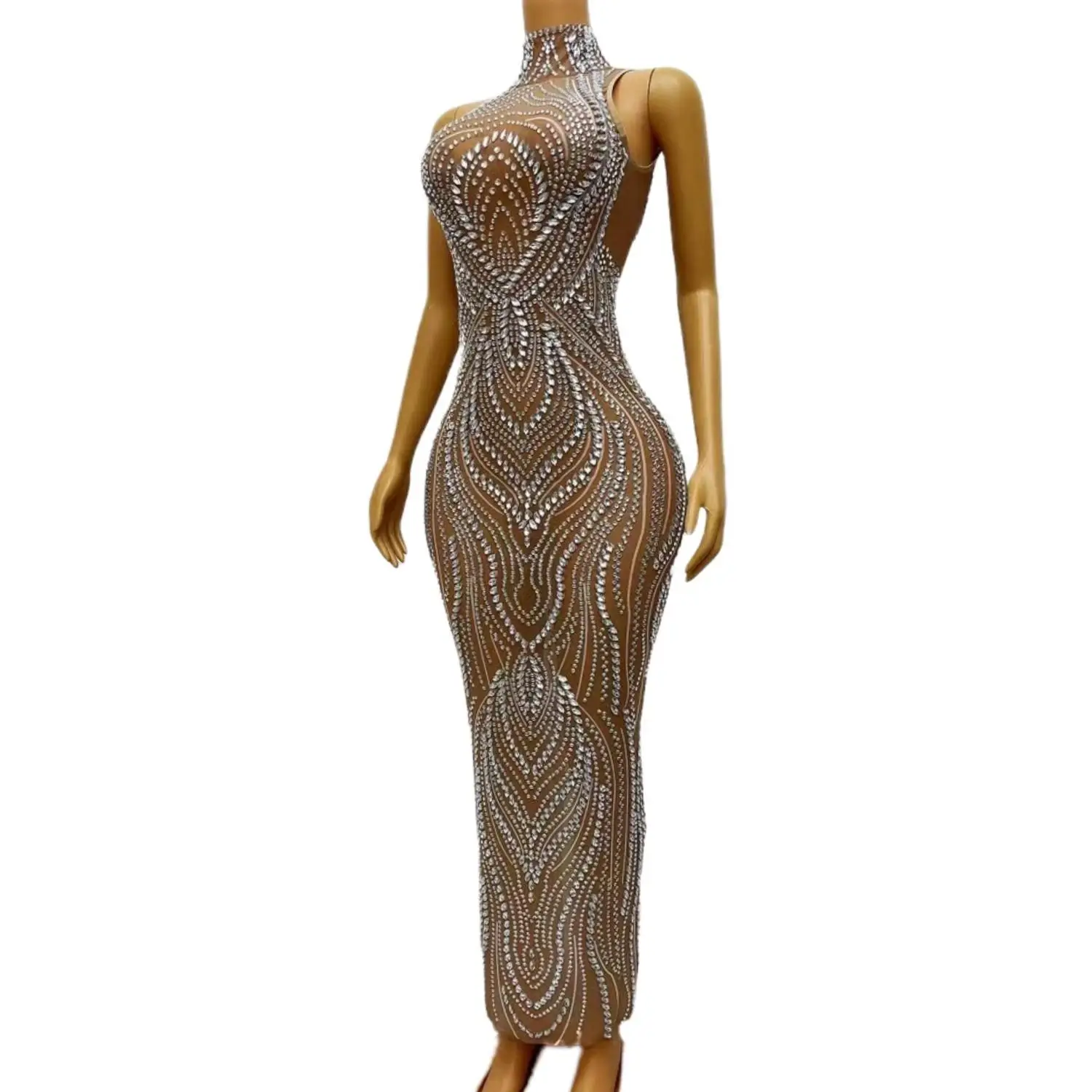 Women Shining Birthday Celebrate Silver Rhinestones Long Dress 2024 Singer Dance See Through Nude Mesh Stretch Outfit Liuxu