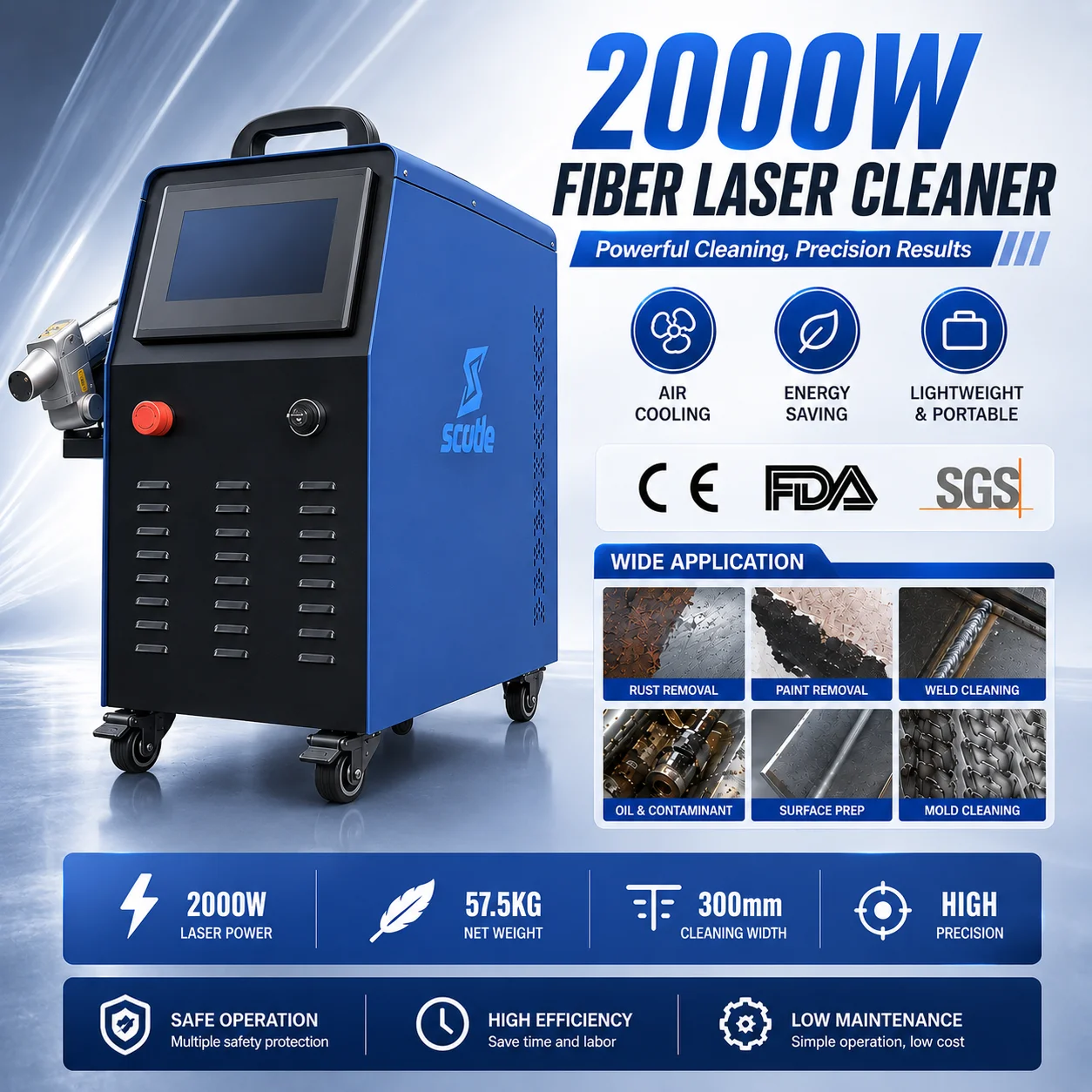 2000W Fiber Laser Cleaning Machine Air Cooling Portable Laser Cleaner for Metal Oil Rust Paint Removal Cleaning SUP 32C Width 300mm Energy Saving