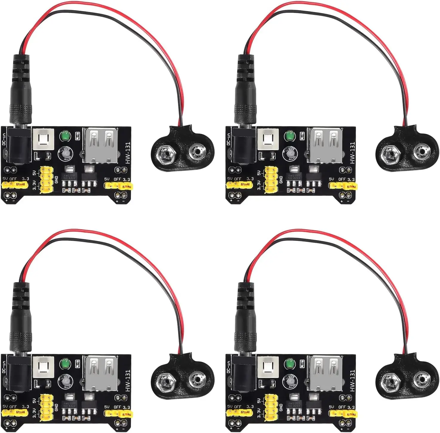 4pcs MB102 Solderless Breadboard Power Supply Module 3.3V/5V with 4pcs 9V Battery Clip Buckle T-Type Power Cable Male 2.1MM DC