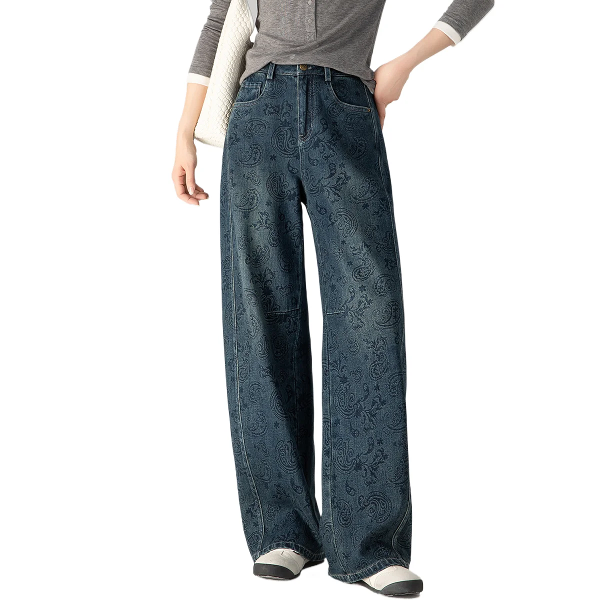

Винтажные новые модные женские повседневные свободные широкие прямые джинсовые брюки с принтом в американском стиле, женские джинсы с высокой талией