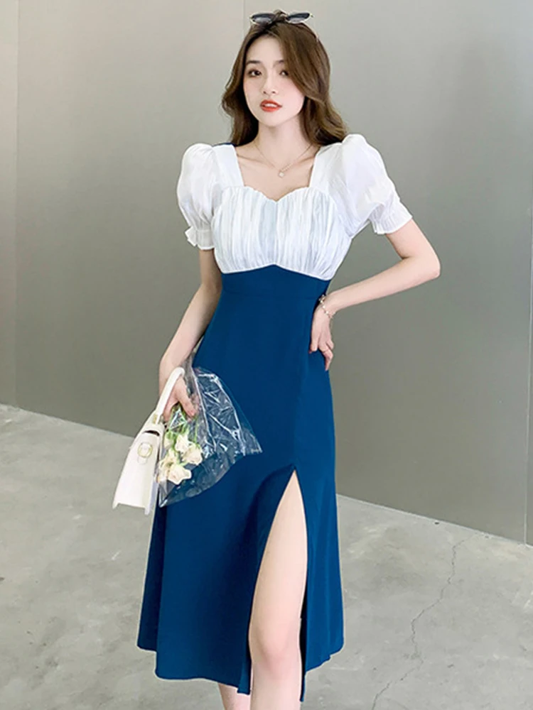 New Summer Elegant Women Evening Dress Ladies Casual Vintage Square Collar Slim Midi Dresses Party Street Clothes Mujer Vestidos